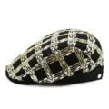Berretto piatto nero da donna con paillettes dorate a scacchi per protezione solare estiva. - Regolabile 55-58cm / Stile a Quadri con Paillettes / Regolazione Posteriore a Pressione / nero e oro