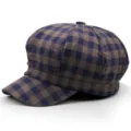 Vintage blue and brown plaid newsboy hat with octagonal crown and stiff brim design - One Size 56-58cm / Style 2 / Dark Khaki