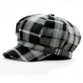 Vintage British style newsboy hat featuring a classic black and white plaid pattern design - One Size 56-58cm / Style 1 / Black