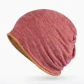 Berretto invernale in cotone melange rosso a doppio strato con calda fodera arancione - Taglia Unica (Alta Elasticità) / Stile a Doppio Uso a Calotta Aperta / Rosso e Arancione