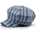 Classic blue and grey checkered newsboy hat for women and men in retro British style - One Size 56-58cm / Style 2 / Blue