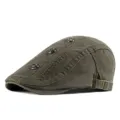 Army green vintage cotton flat cap with decorative rivets and freestyle embroidery. - Adjustable for 55-59cm Head Circumference / Three Button Style / Army Green