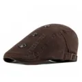 Retro brown flat cap beret featuring metal rivets and freestyle embroidery for men and women - Adjustable for 55-59cm Head Circumference / Three Button Style / Coffee