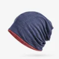 Elegante berretto in maglia di cotone a doppio strato blu navy con fodera rossa a contrasto - Taglia Unica (Alta Elasticità) / Modello a doppia funzione con apertura superiore / Blu Reale-Rosso