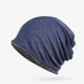 Berretto slouchy in cotone blu scuro a doppio strato con fodera interna grigia elegante - Taglia Unica (Alta Elasticità) / Modello a doppia funzione con apertura superiore / Blu Reale-Grigio