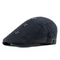 Classic navy blue cotton flat cap beret featuring decorative rivets and embroidery - Adjustable for 55-59cm Head Circumference / Three Button Style / Navy Blue