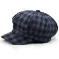 Classic blue and black checkered newsboy cap variant for a retro British style look - One Size 56-58cm / Style 2 / Dark Blue