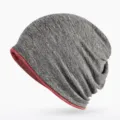 Berretto in cotone caldo a doppio strato grigio melange con fodera rossa a contrasto - Taglia Unica (Alta Elasticità) / Modello a doppia funzione con apertura superiore / Grigio E Rosso
