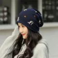 Slouchy navy blue knit beanie hat with cute cartoon cat pattern print for women - One Size (High Elasticity) / Cartoon Cat Style / Dark Blue