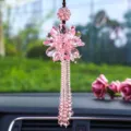 Elegant pink crystal flower car rear view mirror ornament with long beaded tassel - Long Tassel Style / Pink