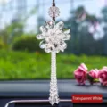 Elegant transparent white crystal flower car hanging ornament with beaded tassel - Long Tassel Style / Transparent White