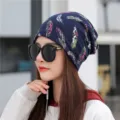 Dark blue slouchy beanie hat with vibrant colorful feather print for outdoor casual wear - One Size (High Elasticity) / Feather Style / Navy Blue