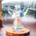 Iridescent faceted crystal angel figurine on wooden base for home desktop decor - Iridescent Angel / Rainbow