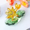 Exquisite yellow crystal lotus flower figurine with green leaves for home car decor - Double Lotus Leaf Lotus Ornament / Yellow