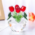 Detailed view of red crystal rose flowers in a faceted clear glass vase ornament - Four-Head Rose (Rose Ornament) / Red