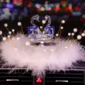 Elegant crystal swan car interior ornament with white feathers and blue crystal accents - Swan With Pearl Feather Pad / Blue