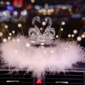 Crystal swan car ornament with white feather wreath and pearl accents - Swan With Pearl Feather Pad / White