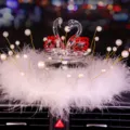Elegant red and clear crystal swan car interior ornament with white feathers and pearls - Swan With Pearl Feather Pad / Red