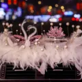 Luxury crystal swan and lotus car dashboard ornament decorated with white feathers - Swan with Lotus and Feather Pad 2 / Pink