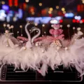 Elegant crystal swan car dashboard decoration with romantic white feathers and pearls - Swan with Heart Balloon Pearl Bottle and Feather Pad 2 / Pink