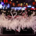 Elegant pink crystal swan car ornament with white feathers and pearls for dashboard decor - Swan with Gypsophila and Feather Pad 2 / Pink
