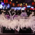 Luxury purple crystal swan and lotus car dashboard ornament with elegant white feathers - Swan with Lotus and Feather Pad 2 / Purple