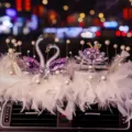 Luxury purple crystal swan car ornament with white feather base and pearl decorations - Swan with Apple and Feather Pad 2 / Purple