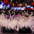 Elegant crystal swan car dashboard ornament with white feathers and pearls for car decor - Purple Swan + MISS Decoration + Feather Pad / Purple