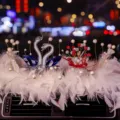 Elegant crystal swan car ornament with white feathers and red decorative bouquet - Blue Swan + Red & Silver Gypsophila + Feather Pad / Blue