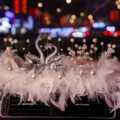 Elegant crystal swan car dashboard ornament featuring soft white feathers and pearls - White Swan + White Gypsophila + Feather Pad / White