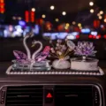 Elegant purple crystal swan and lotus car dashboard ornament with pearl mat. - Purple Swan + Purple Lotus + Gypsophila + Artificial Pearl Non-slip Mat / Purple