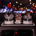 Elegant crystal swan and apple car interior ornaments for dashboard luxury decoration - Double Swan, Apple, Gypsophila and Anti-Slip Mat Set / Pink