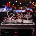 Elegant pink crystal swan car interior decoration set with pearl bordered non-slip mat - Swan, Apple, Gypsophila and Anti-Slip Mat Set / Pink