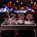 Elegant pink crystal swan and lotus car dashboard ornament set with pearl mat. - Swan, Lotus, Gypsophila and Anti-Slip Mat Set / Pink