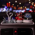 Luxury blue and silver crystal swan car interior ornament set with lotus and pearl mat - Swan, Lotus, Gypsophila and Anti-Slip Mat Set / Blue