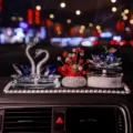 Luxury crystal swan and apple car ornament set with pearl non-slip mat for dashboard decoration - Swan, Apple, Gypsophila and Anti-Slip Mat Set / Blue