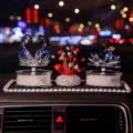 Elegant blue crystal swan and apple car dashboard ornament with decorative pearl mat - Double Blue Swan and Blue Apple Set (with Pearl Anti-slip Mat) / Blue
