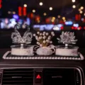 Luxury crystal swan and lotus car dashboard decoration set with a pearl-rimmed mat - Double White Swan and White Lotus Set (with Pearl Anti-slip Mat) / White