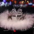 Elegant crystal swan car dashboard ornament featuring crown and white feather ring decoration - White Swan with Crown Base and Feather Pad / White