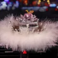 Luxury crystal car ornament featuring pink apple on lotus base with white feather crown - Apple Crown Base With Feather Pad / Pink