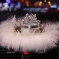 Crystal lotus car ornament with crown and white feather trim for car dashboard decor - Lotus Crown Base With Feather Pad / White