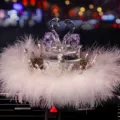 Elegant crystal swan car ornament with white feather trim and crown for car dashboard - Swan Crown Base With Feather Pad / Purple