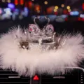 Luxury crystal couple swan car ornament with white feathers and crown base - Swan Crown Base With Feather Pad / Red Eye Pink
