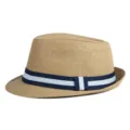 Breathable summer straw fedora hat with blue and white striped band for sun protection. - Dark Khaki with Striped Ribbon