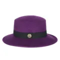 Elegant purple wool felt flat top hat with black band and gold emblem. - Fits 56-58cm Head / Deep purple