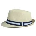 Classic breathable paper straw fedora hat with blue striped band for sun protection - Light Khaki with Striped Ribbon