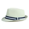 Classic white paper straw jazz hat with blue and white striped ribbon band for summer beach - Off-White with Striped Ribbon