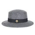 Classic grey wool felt boater hat featuring black ribbon band and decorative gold metal button - Fits 56-58cm Head / Mixed Grey