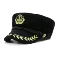 Cappello da capitano nero in lana con ricamo dorato a corona e spighe - Taglia unica / Peluche Corto / Nero