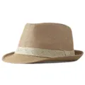 Breathable light brown straw fedora hat with cream ribbon band for summer sun protection - Khaki with Beige Band